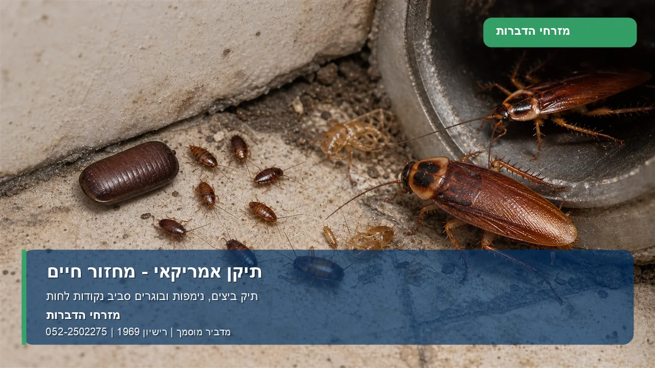 תיקן אמריקאי - מחזור חיים - מזרחי הדברות תמונה ממותגת של מחזור חיים של תיקן אמריקאי: תיק ביצים, נימפות ובוגרים סביב נקודת לחות.