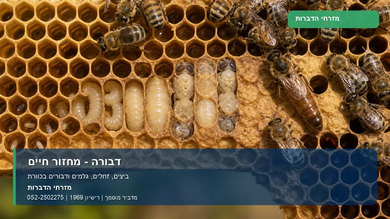 דבורה - מחזור חיים - מזרחי הדברות תמונה ממותגת של מחזור חיים של דבורה: ביצים, זחלים, גלמים ודבורים בכוורת.