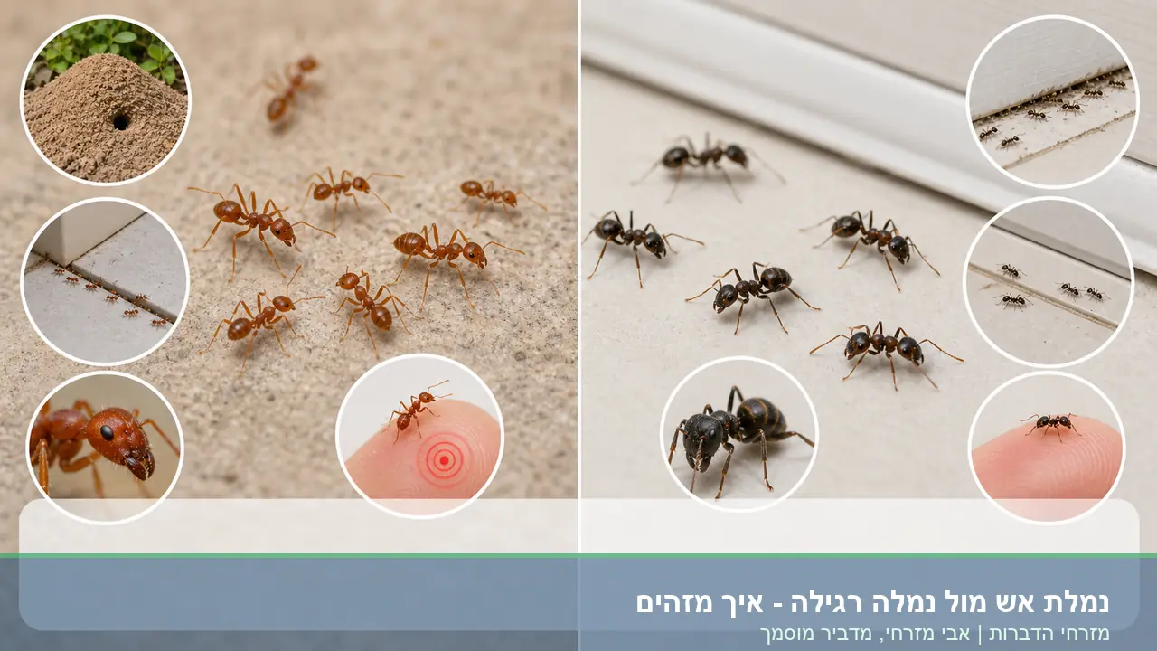 נמלת אש מול נמלה רגילה - איך מזהים - תמונת השוואה ממותגת של מזרחי הדברות