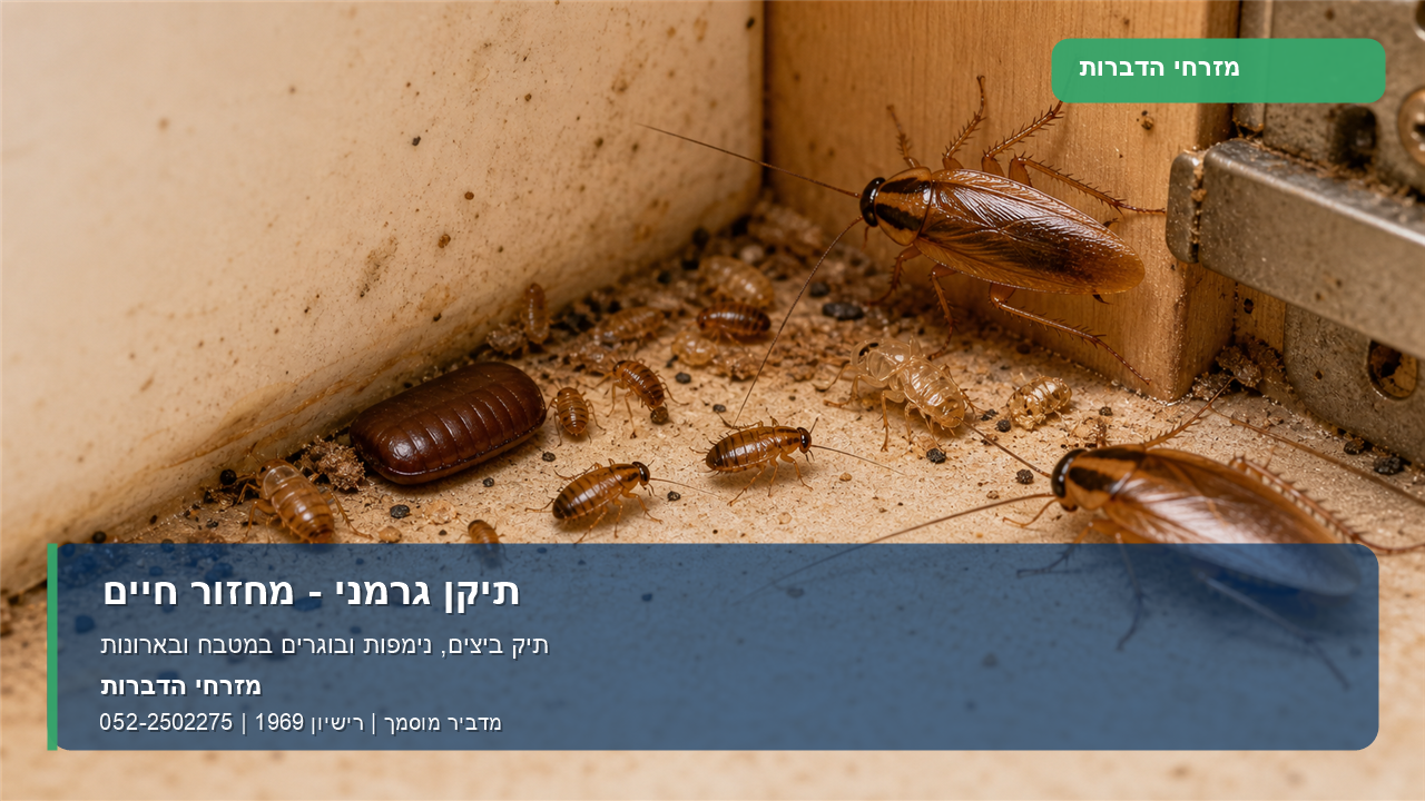 תמונה ממותגת של מחזור חיים של תיקן גרמני במטבח: תיק ביצים, נימפות ובוגרים.