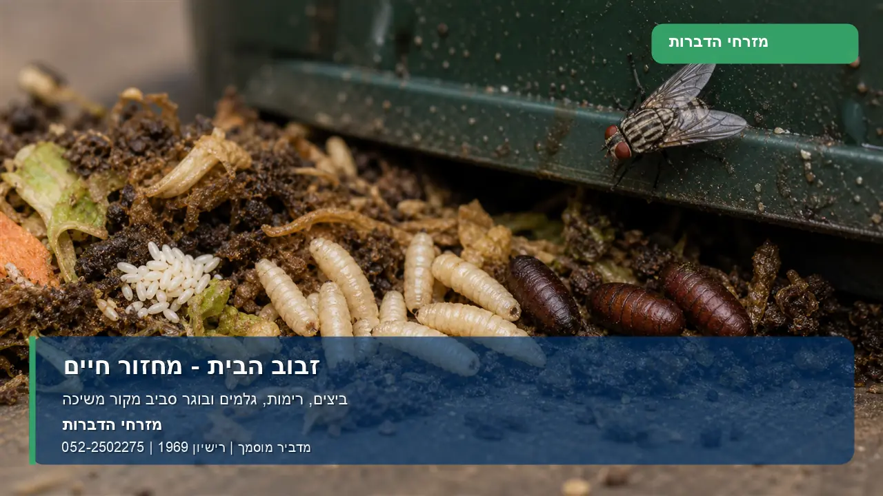 זבוב הבית - מחזור חיים - מזרחי הדברות תמונה ממותגת של מחזור חיים של זבוב הבית: ביצים, רימות, גלמים ובוגר סביב מקור משיכה.