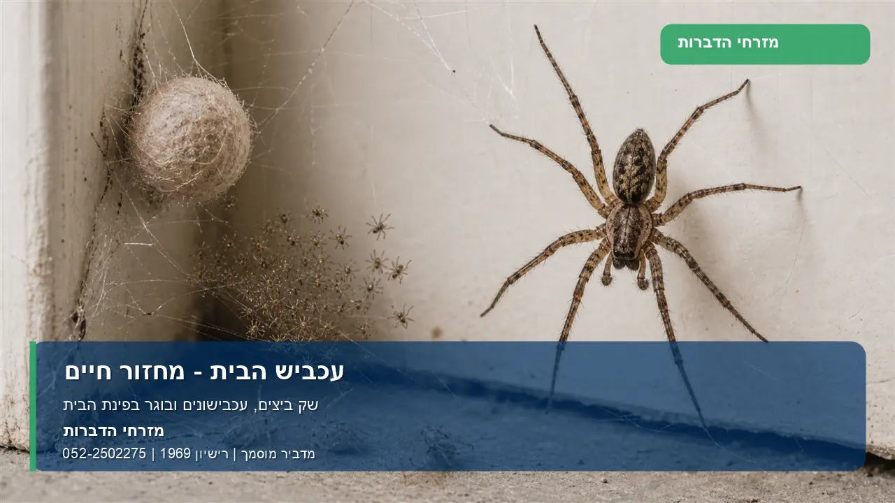 עכביש הבית - מחזור חיים - מזרחי הדברות תמונה ממותגת של מחזור חיים של עכביש הבית: שק ביצים, עכבישונים ובוגר בפינת הבית.