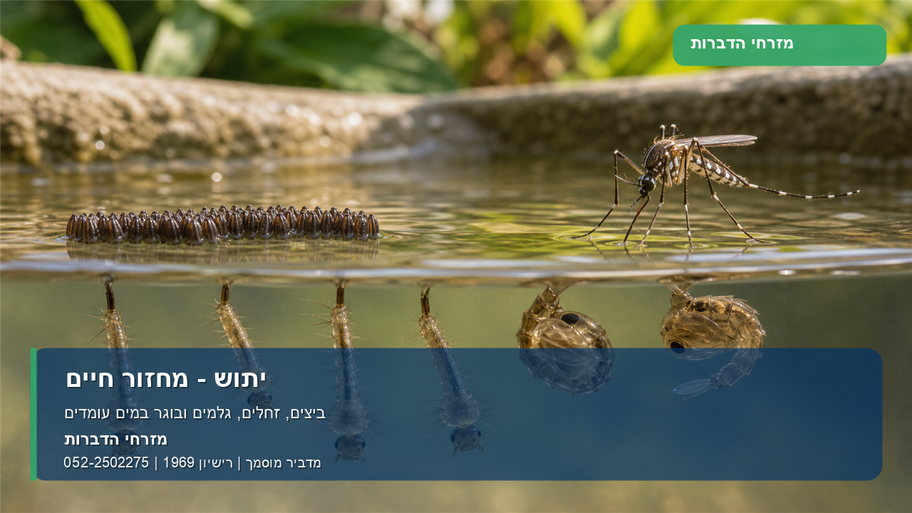 יתוש - מחזור חיים - מזרחי הדברות תמונה ממותגת של מחזור חיים של יתוש: ביצים, זחלים, גלמים ובוגר במים עומדים.