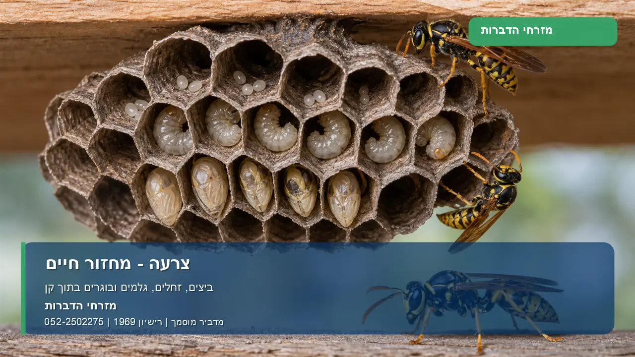 צרעה - מחזור חיים - מזרחי הדברות תמונה ממותגת של מחזור חיים של צרעה: ביצים, זחלים, גלמים ובוגרים בתוך קן.