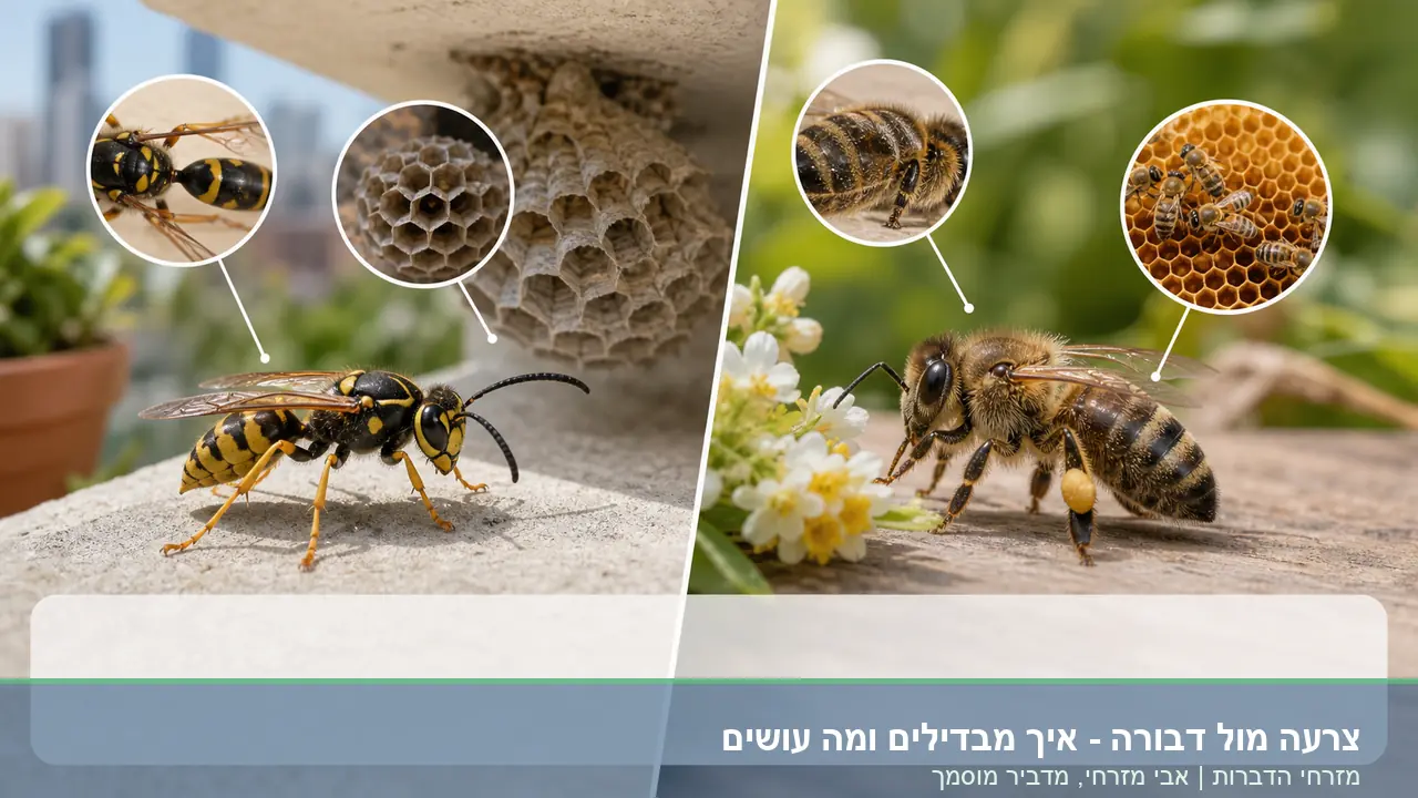 צרעה מול דבורה - איך מבדילים ומה עושים - תמונת השוואה ממותגת של מזרחי הדברות